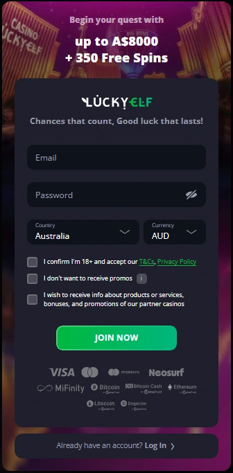Lucky Elf Casino registration form